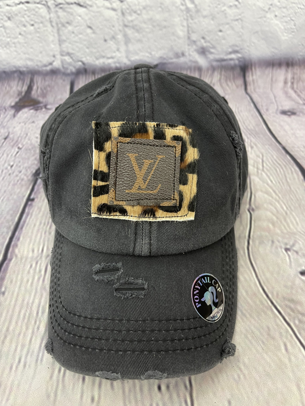 HC  Repurposed LV Leopard Cowhide Messy-Bun Hat